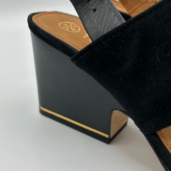 Tory Burch Selby Slingback Wedge Sandals 7.5 Black Suede Leather Gold Buckle - Picture 5 of 16